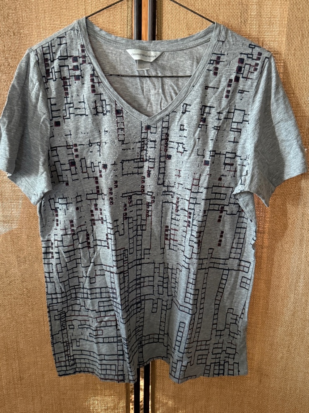 Christopher Banks circuit board graphic gray black V-neck tee bling Sz L